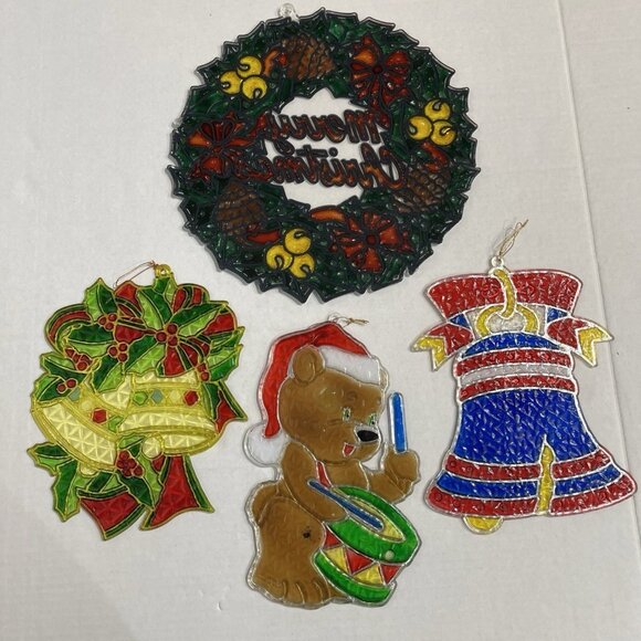 Vintage Christmas Stained Glass Plastic Window Decorations Set of 4 Wreath Bell - Picture 6 of 16